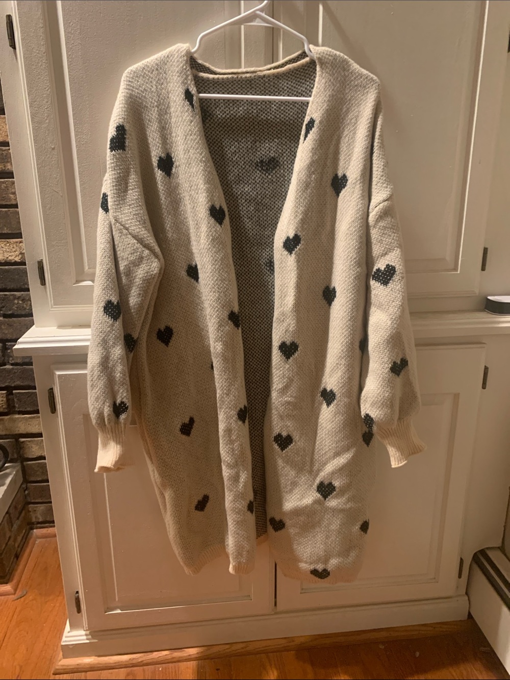 Cream Heart-Print Open-Front Cardigan Sweater